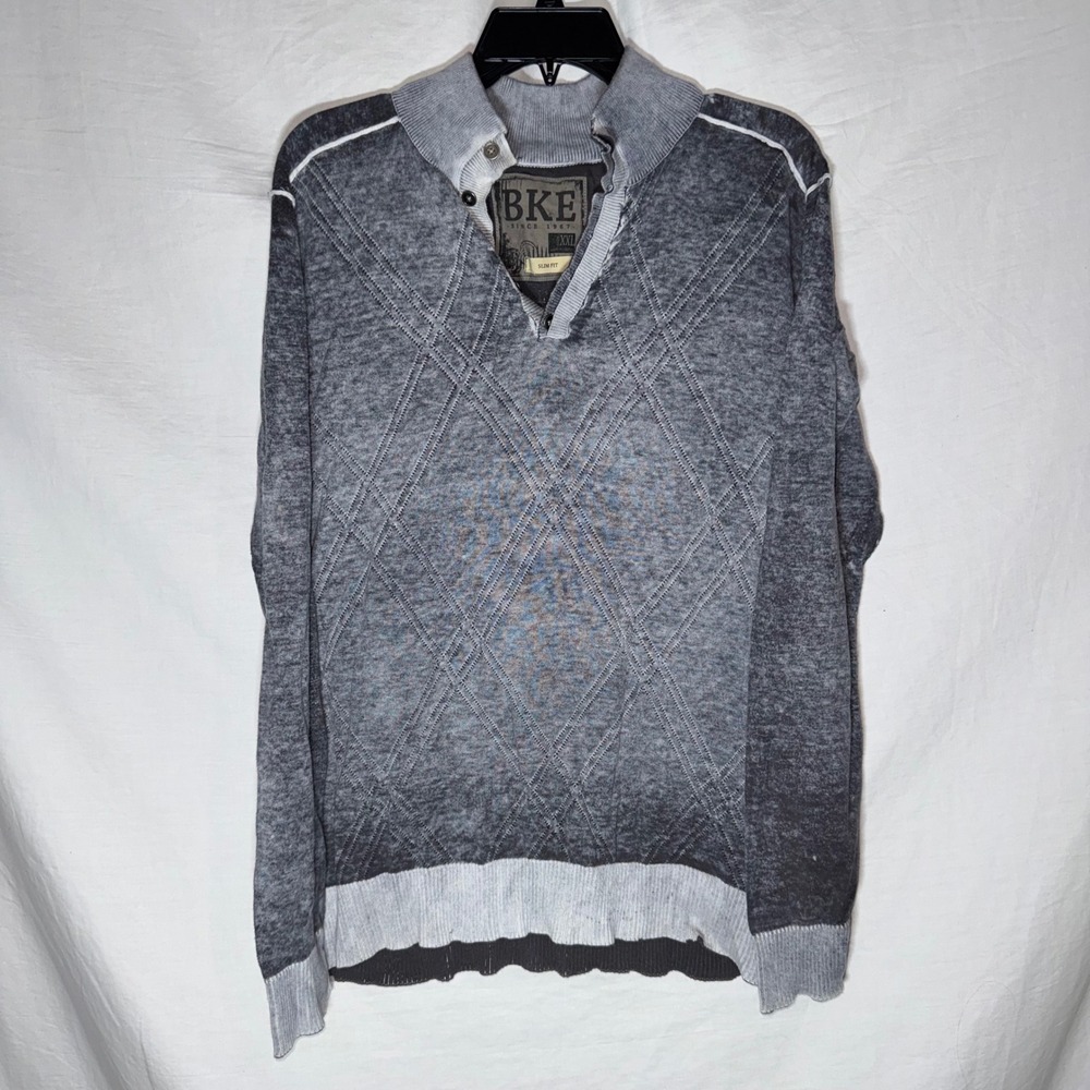 BKE Mens XXL Slim Fit Sweater Grey Acid Wash Argyle Henley Cotton Knit Pullover - Picture 1 of 7